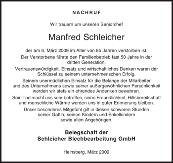 Traueranzeige von Manfred Schleicher von Aachener Zeitung / Aachener Nachrichten