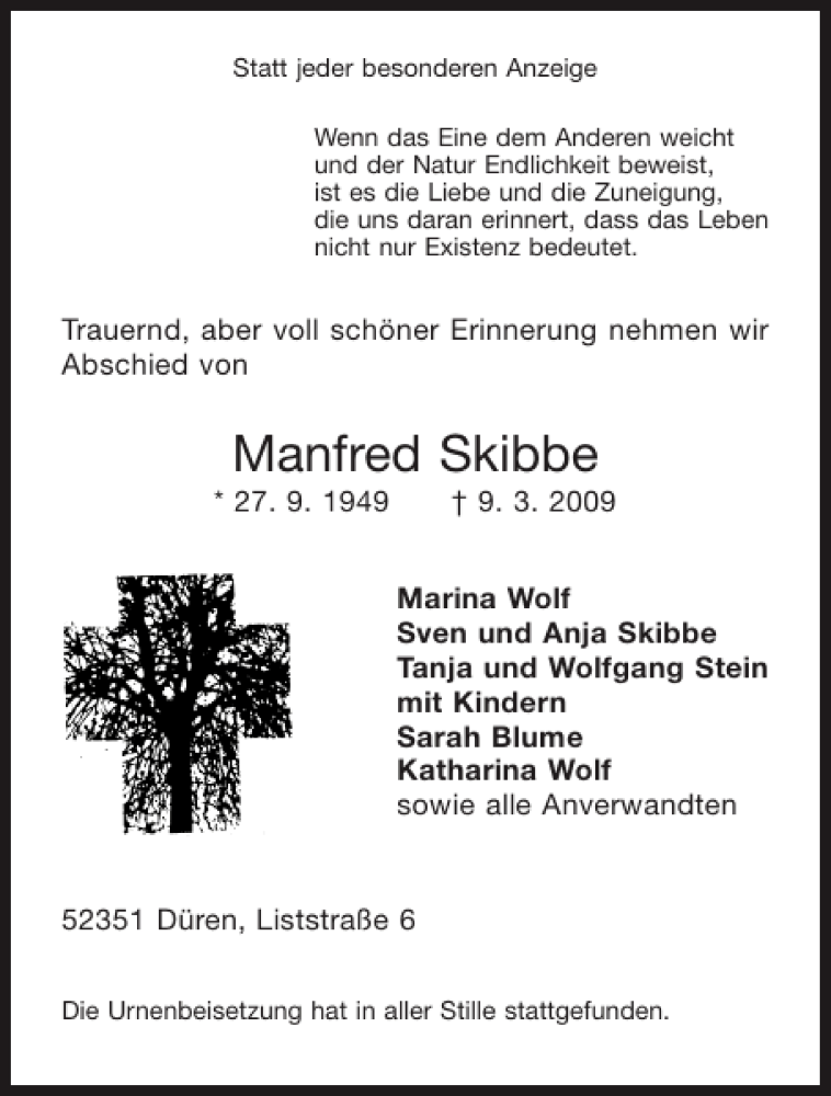  Traueranzeige für Manfred Skibbe vom 14.03.2009 aus Aachener Zeitung / Aachener Nachrichten