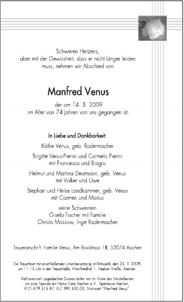  Traueranzeige für Manfred Venus vom 21.03.2009 aus Aachener Zeitung / Aachener Nachrichten
