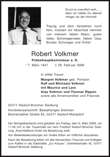 Traueranzeige von Robert Volkmer von Aachener Zeitung / Aachener Nachrichten
