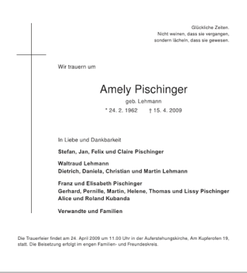 Traueranzeige von Amely Pischinger von Aachener Zeitung / Aachener Nachrichten