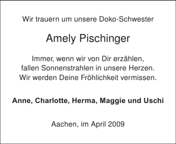 Traueranzeige von Amely Pischinger von Aachener Zeitung / Aachener Nachrichten