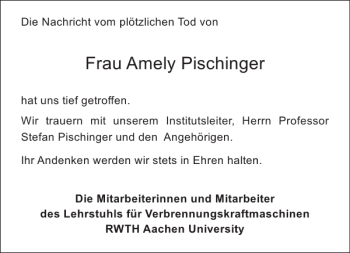Traueranzeige von Frau Amely Pischinger von Aachener Zeitung / Aachener Nachrichten