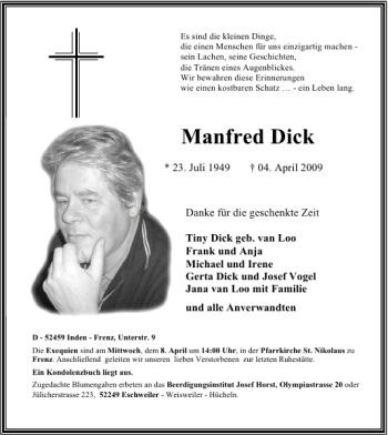 Traueranzeige von Manfred Dick von Aachener Zeitung / Aachener Nachrichten