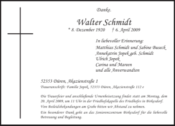 Traueranzeige von Walter Schmidt von Aachener Zeitung / Aachener Nachrichten