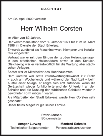 Traueranzeige von Wilhelm Corsten von Aachener Zeitung / Aachener Nachrichten