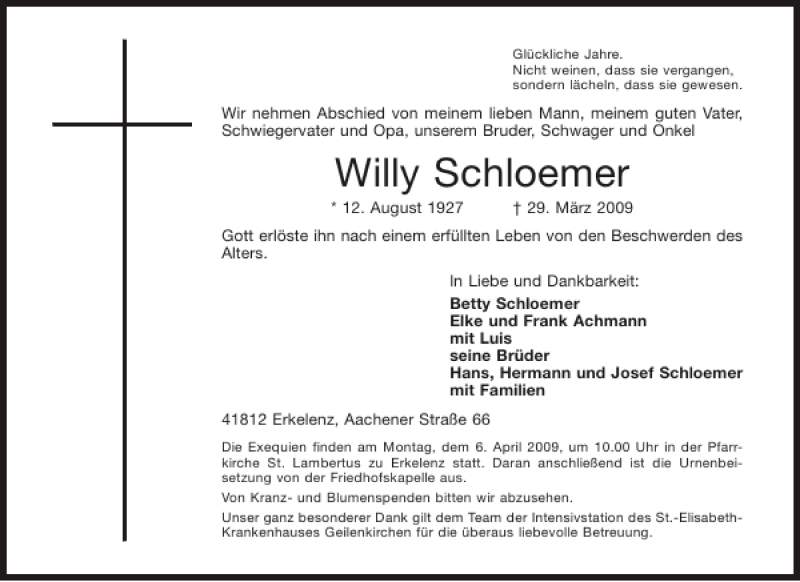  Traueranzeige für Willy Schloemer vom 03.04.2009 aus Aachener Zeitung / Aachener Nachrichten