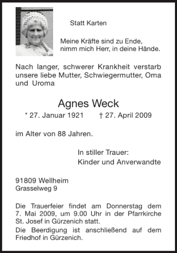 Traueranzeige von Agnes Weck von Aachener Zeitung / Aachener Nachrichten