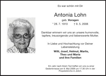Traueranzeige von Antonia Lohn von Aachener Zeitung / Aachener Nachrichten