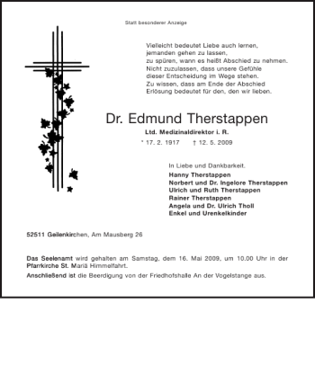 Traueranzeige von Dr. Edmund Therstappen von Aachener Zeitung / Aachener Nachrichten