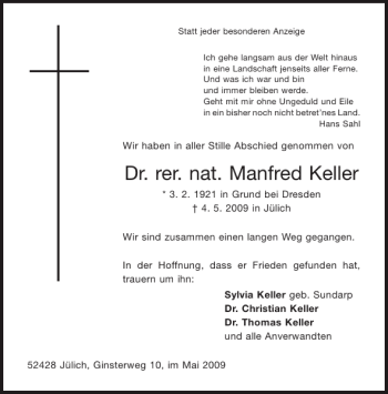 Traueranzeige von Dr. rer. nat. Manfred Keller von Aachener Zeitung / Aachener Nachrichten