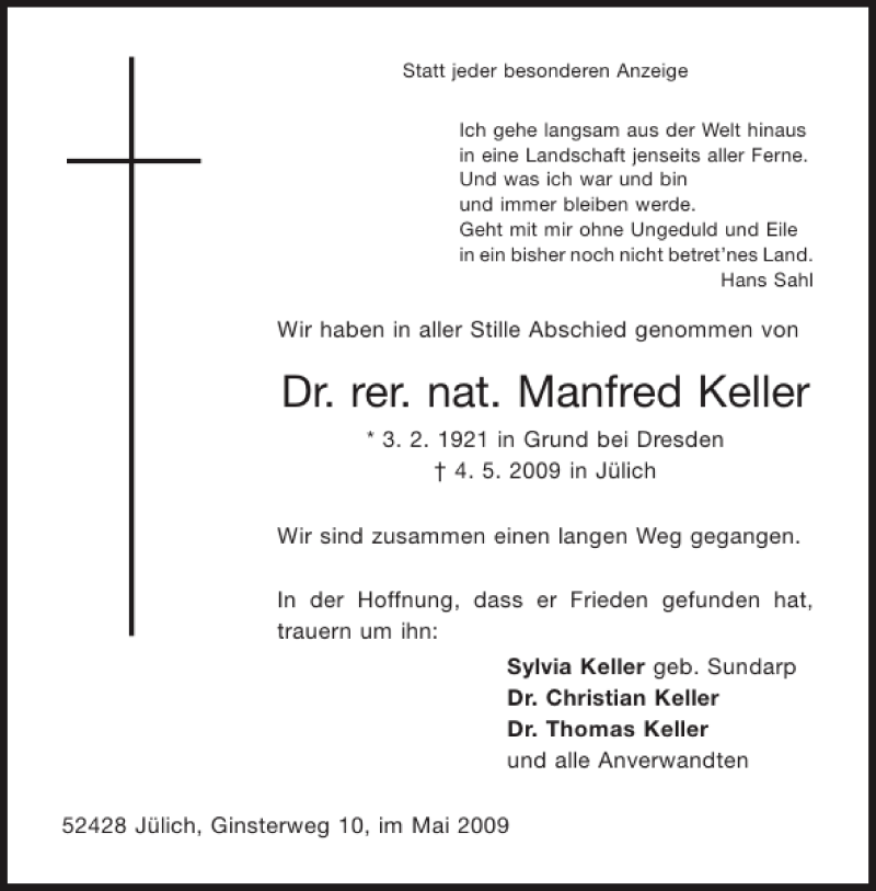  Traueranzeige für Dr. rer. nat. Manfred Keller vom 16.05.2009 aus Aachener Zeitung / Aachener Nachrichten