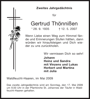 Traueranzeige von Gertrud Thönnißen von Aachener Zeitung / Aachener Nachrichten
