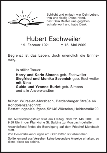 Traueranzeige von Hubert Eschweiler von Aachener Zeitung / Aachener Nachrichten