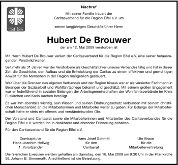 Traueranzeige von Hubert De Brouwer von Aachener Zeitung / Aachener Nachrichten