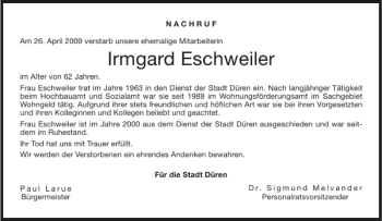 Traueranzeige von Irmgard Eschweiler von Aachener Zeitung / Aachener Nachrichten