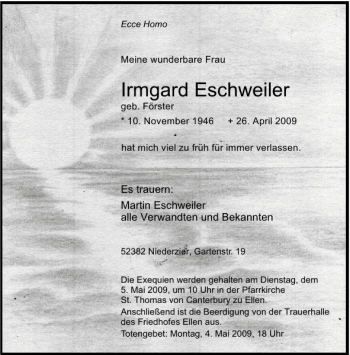 Traueranzeige von Irmgard Eschweiler von Aachener Zeitung / Aachener Nachrichten