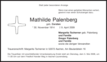 Traueranzeige von Mathilde Palenberg von Aachener Zeitung / Aachener Nachrichten