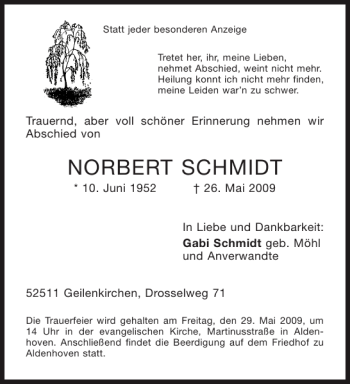 Traueranzeige von NORBERT SCHMIDT von Aachener Zeitung / Aachener Nachrichten