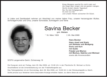 Traueranzeige von Savina Becker von Aachener Zeitung / Aachener Nachrichten