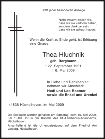 Traueranzeige von Thea Hluchnik von Aachener Zeitung / Aachener Nachrichten