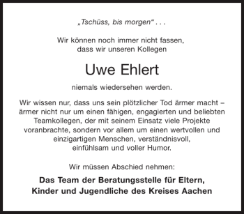 Traueranzeige von Uwe Ehlert von Aachener Zeitung / Aachener Nachrichten