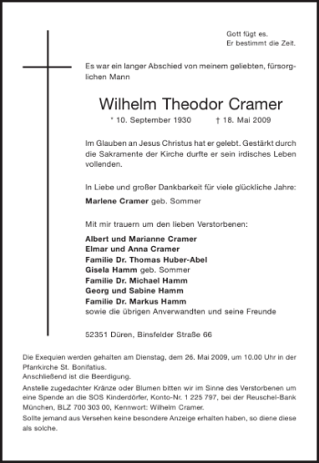 Traueranzeige von Wilhelm Theodor Cramer von Aachener Zeitung / Aachener Nachrichten
