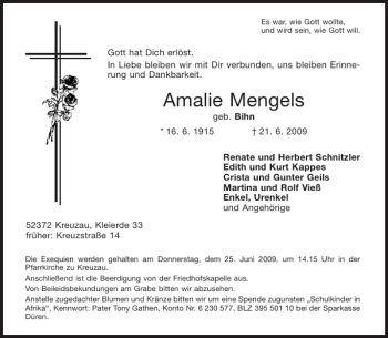 Traueranzeige von Amalie Mengels von Aachener Zeitung / Aachener Nachrichten