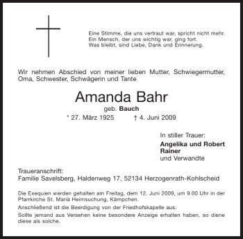 Traueranzeige von Amanda Bahr von Aachener Zeitung / Aachener Nachrichten