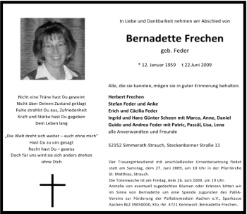 Traueranzeige von Bernadette Frechen von Aachener Zeitung / Aachener Nachrichten