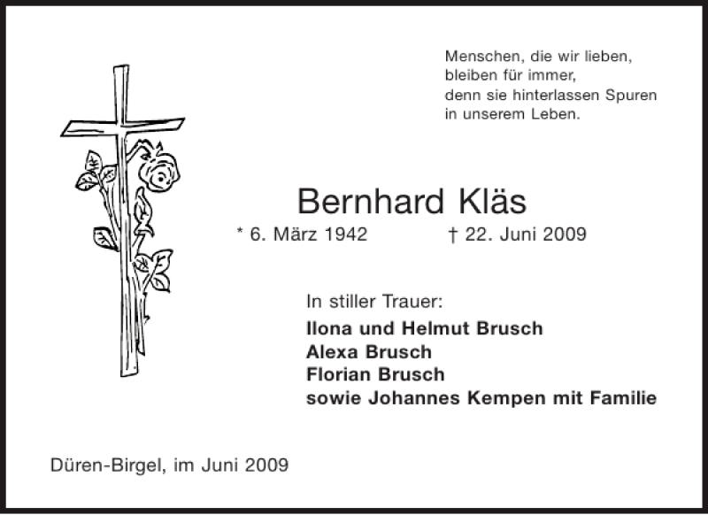  Traueranzeige für Bernhard Kläs vom 30.06.2009 aus Aachener Zeitung / Aachener Nachrichten