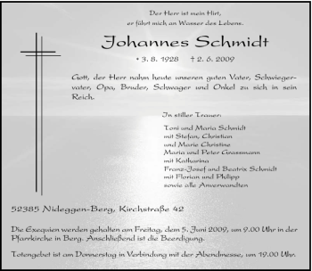 Traueranzeige von Johannes Schmidt von Aachener Zeitung / Aachener Nachrichten