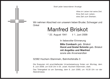 Traueranzeige von Manfred Briskot von Aachener Zeitung / Aachener Nachrichten