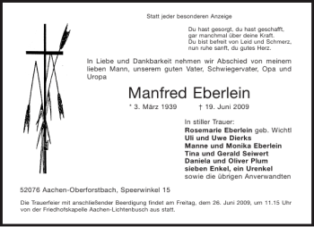 Traueranzeige von Manfred Eberlein von Aachener Zeitung / Aachener Nachrichten
