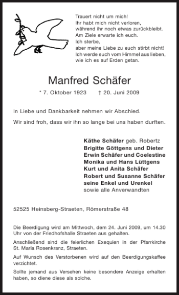 Traueranzeige von Manfred Schäfer von Aachener Zeitung / Aachener Nachrichten