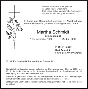 Traueranzeige von Martha Schmidt von Aachener Zeitung / Aachener Nachrichten
