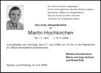 Traueranzeige von Martin Hochkirchen von Aachener Zeitung / Aachener Nachrichten