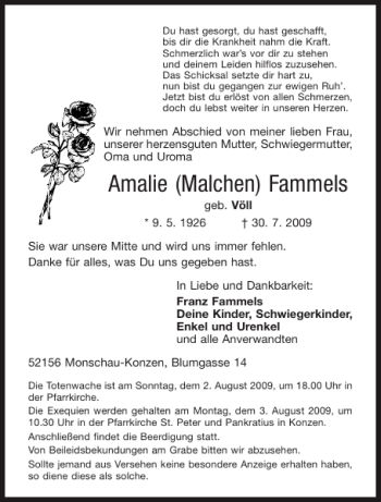 Traueranzeige von Amalie Malchen Fammels von Aachener Zeitung / Aachener Nachrichten