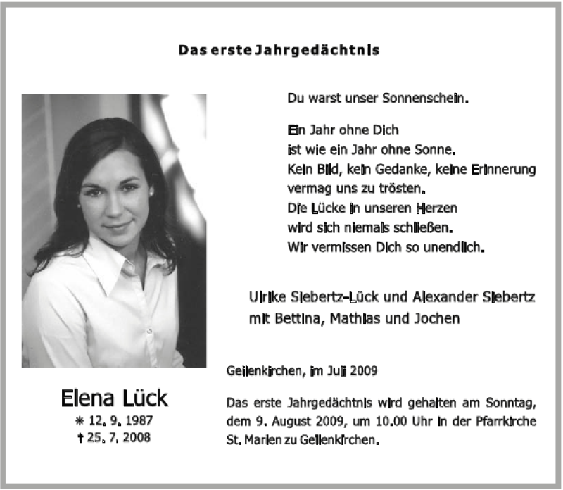  Traueranzeige für Elena Lück vom 25.07.2009 aus Aachener Zeitung / Aachener Nachrichten
