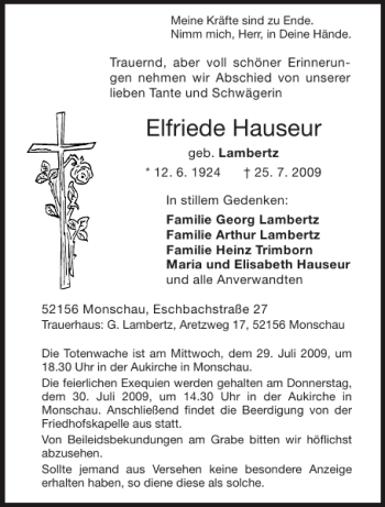 Traueranzeige von Elfriede Hauseur von Aachener Zeitung / Aachener Nachrichten