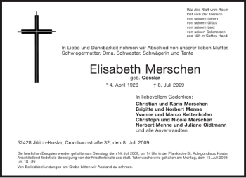 Traueranzeige von Elisabeth Merschen von Aachener Zeitung / Aachener Nachrichten