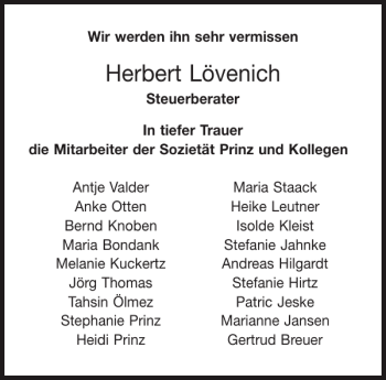 Traueranzeige von Herbert Lövenich von Aachener Zeitung / Aachener Nachrichten