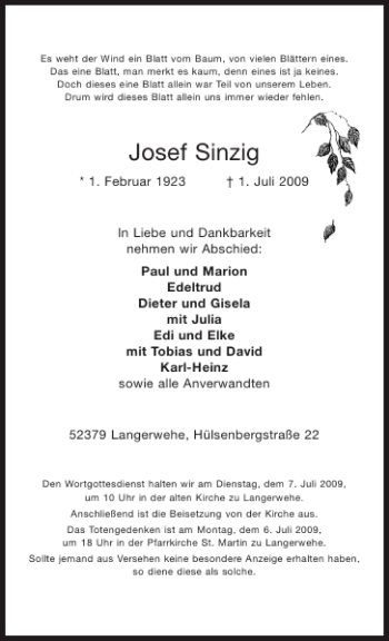 Traueranzeige von Josef Sinzig von Aachener Zeitung / Aachener Nachrichten