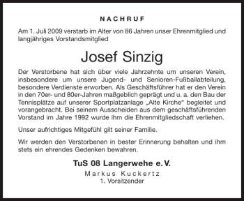 Traueranzeige von Josef Sinzig von Aachener Zeitung / Aachener Nachrichten
