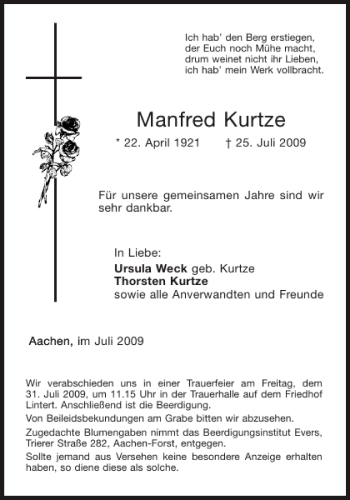 Traueranzeige von Manfred Kurtze von Aachener Zeitung / Aachener Nachrichten