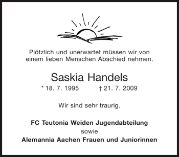 Traueranzeige von Saskia Handels von Aachener Zeitung / Aachener Nachrichten