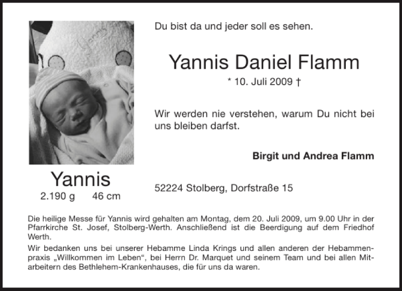  Traueranzeige für Yannis Daniel Flamm vom 18.07.2009 aus Aachener Zeitung / Aachener Nachrichten