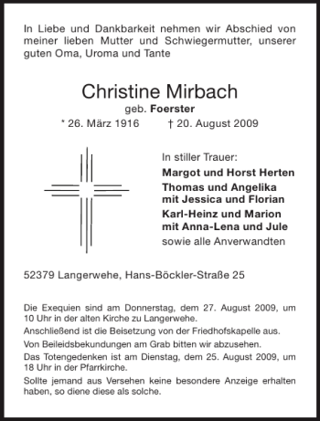 Traueranzeige von Christine Mirbach von Aachener Zeitung / Aachener Nachrichten