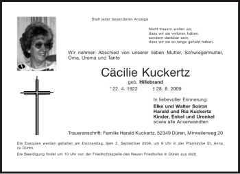 Traueranzeige von Cäcilie Kuckertz von Aachener Zeitung / Aachener Nachrichten
