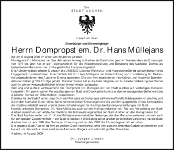 Traueranzeige von Dompropst em. Dr. Hans Müllejans von Aachener Zeitung / Aachener Nachrichten